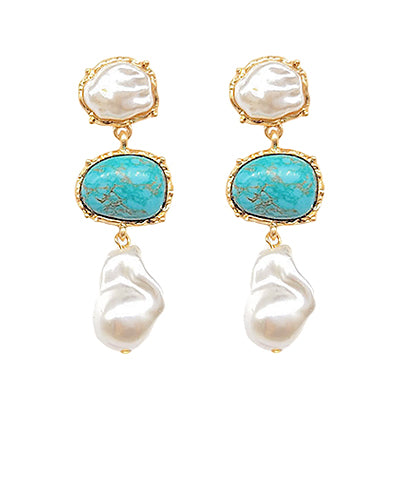 Stone &amp; Oval Pearl Linear Drop Earrings