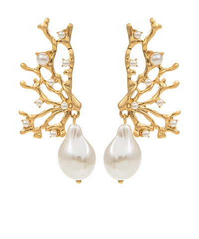 Coral Branch &amp; Pearl Dangle Earrings